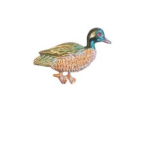 Gerrys Brooch Green Mallard Duck Vintage Enamel Bird Pin Red Rhinestone Eye
